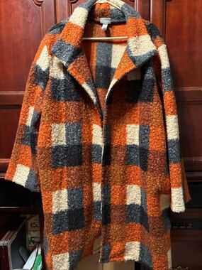 Plaid Bouclé Coat - Orange, Gray & Cream swing coat open front Women’s plus 4X